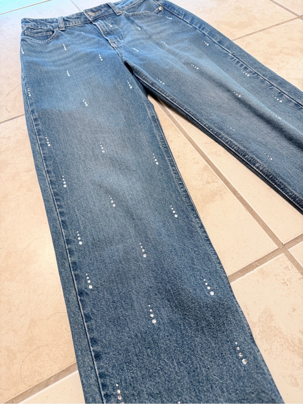 H&M High Rise Wide Leg Jeans in Blue with Sparkles Dot Detail